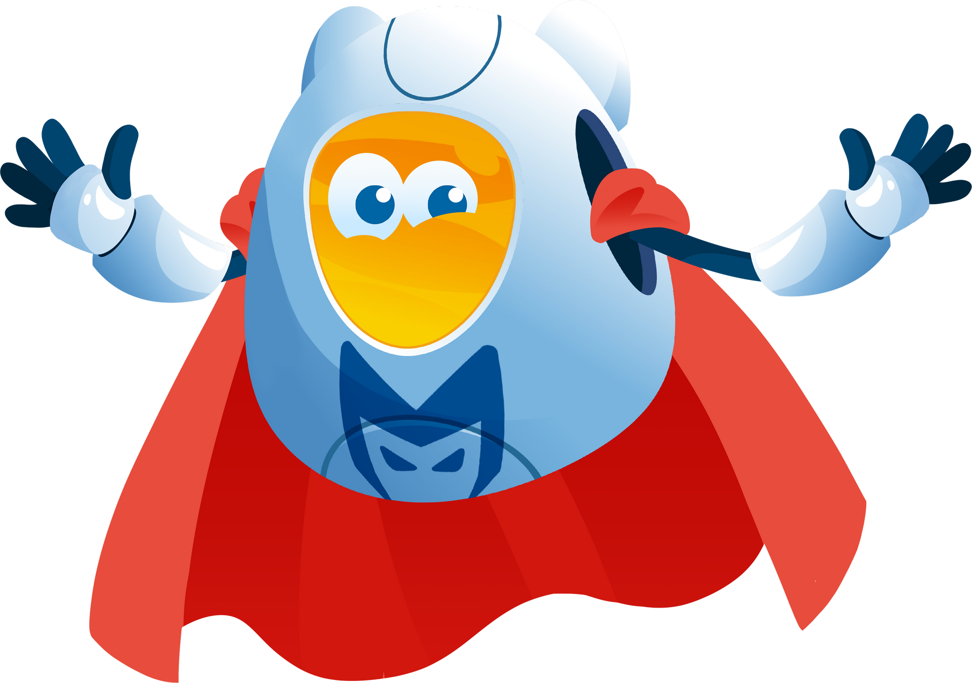 Cartoon superhero in blue and red flying forward with a determined expression