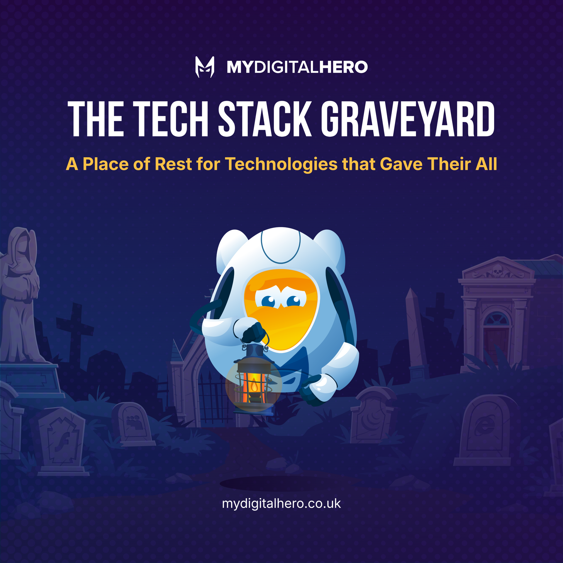 Tech Stack Graveyard poster with a blue robot among tombstones on a purple night background