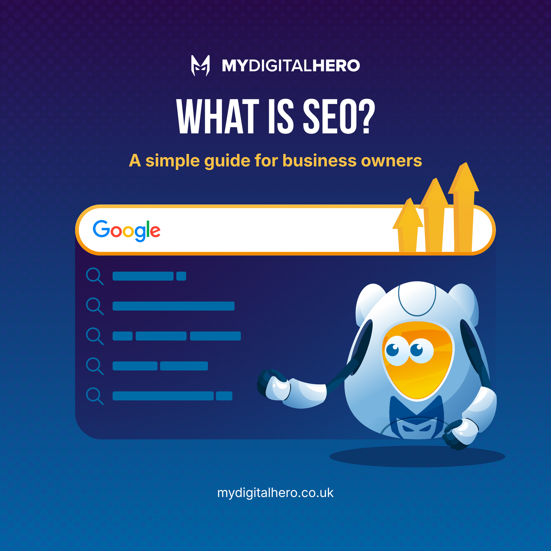 SEO explainer graphic with Google search bar, upward arrows, and a cartoon robot on a blue background