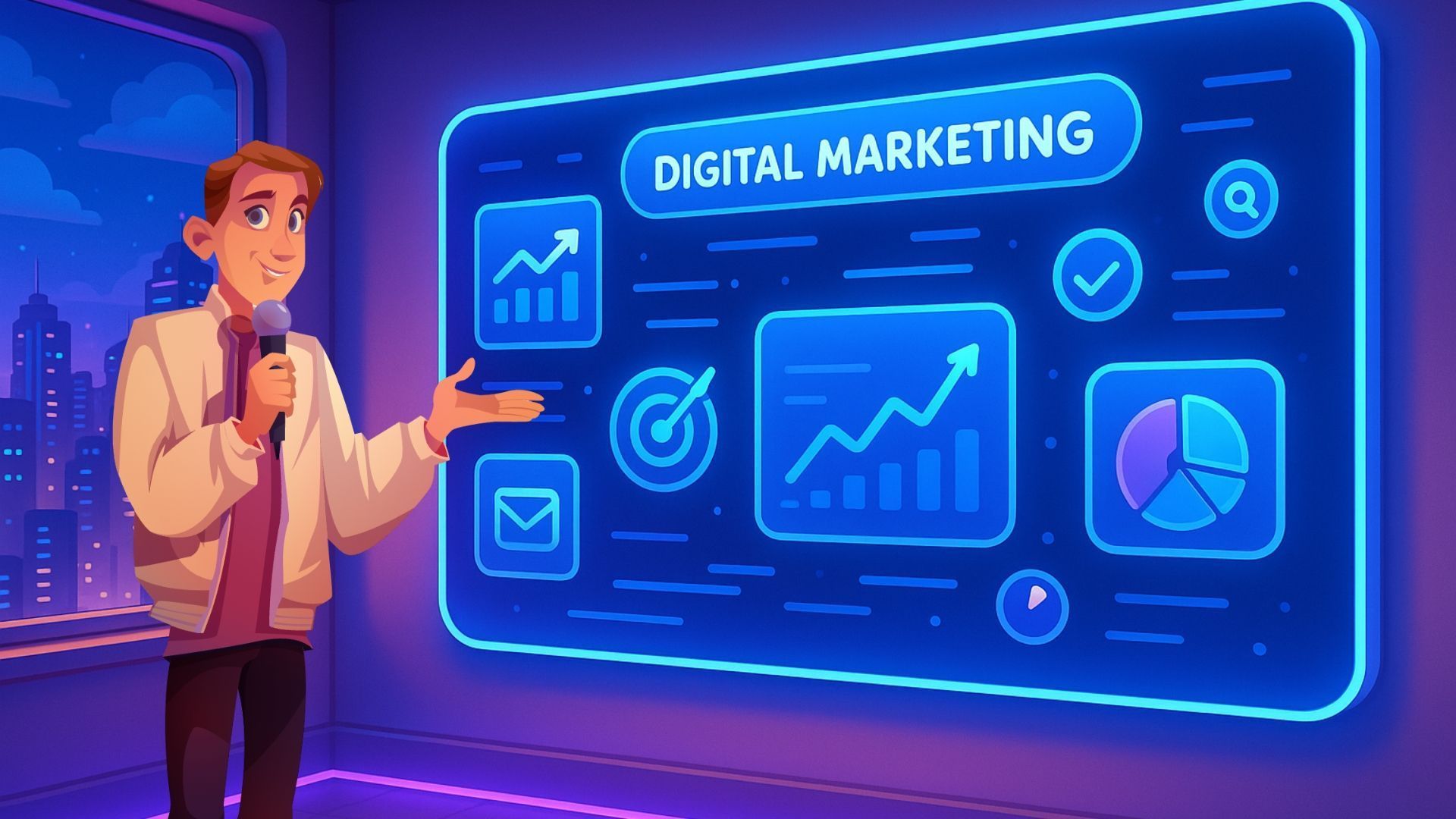 Digital marketing dashboard with charts and icons beside a presenter in a neon blue office