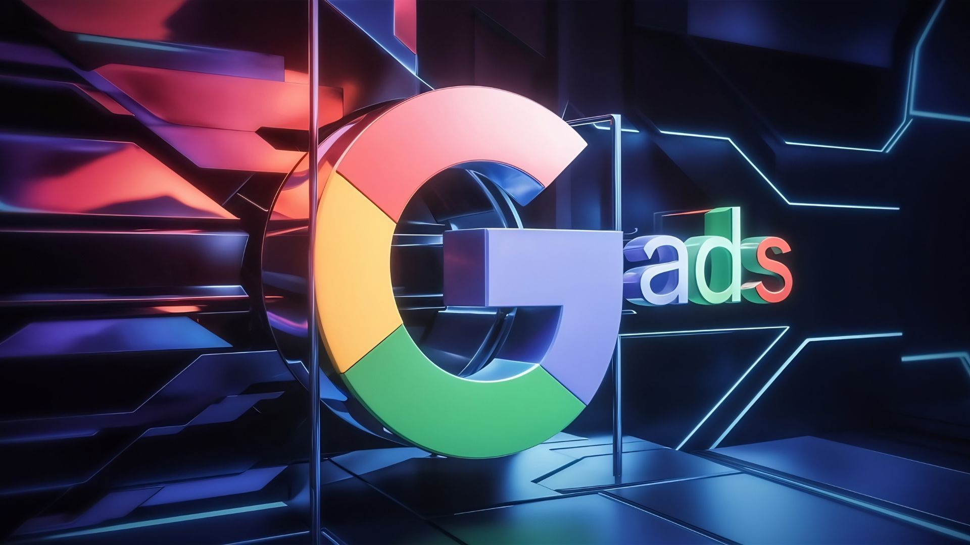 Colorful Google “G” logo with partial “ads” text on a neon blue and purple tech background
