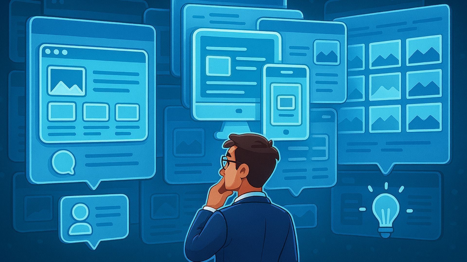 Person looking at floating blue digital interface screens with icons and charts