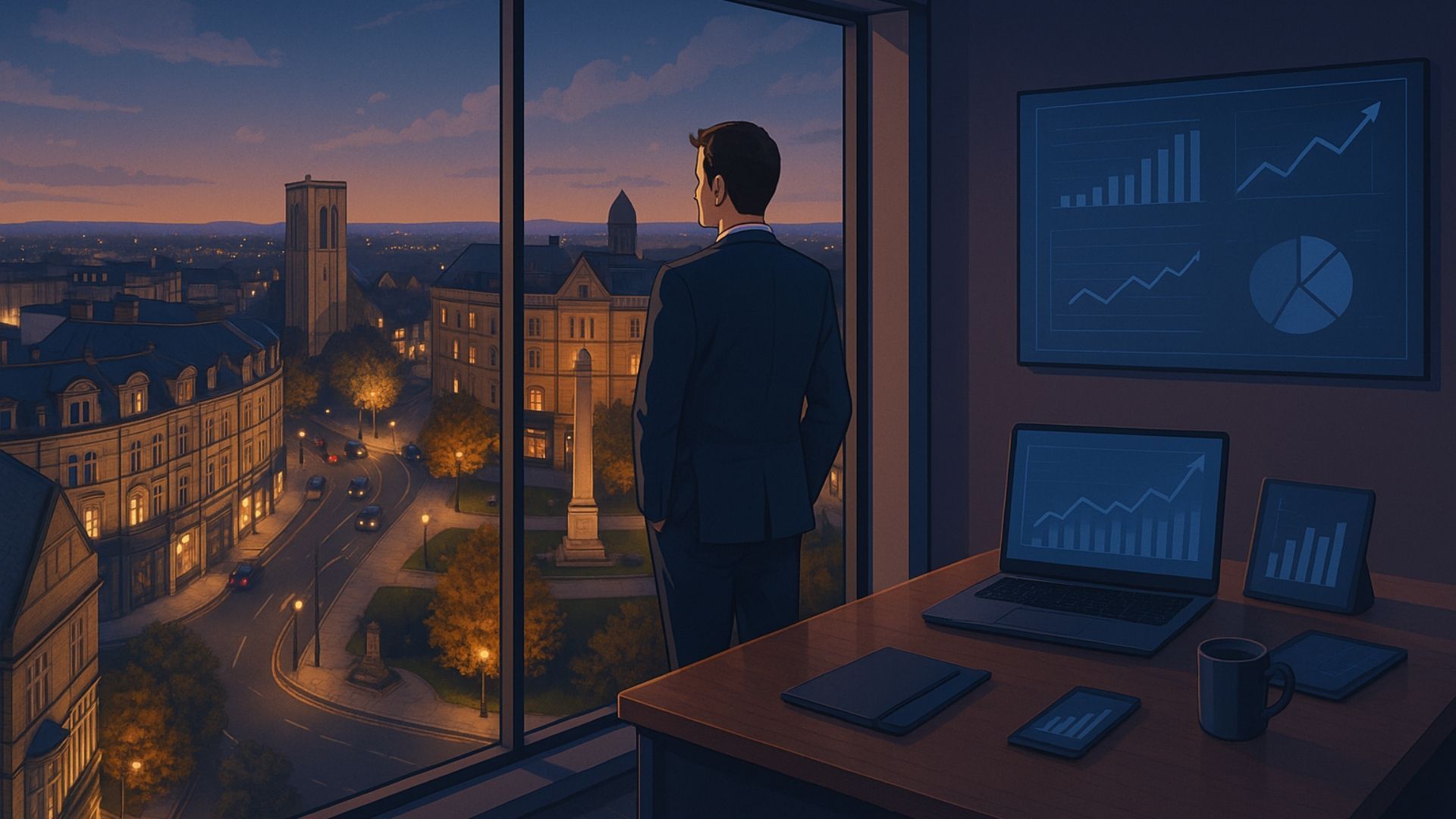 Person in a suit looks over a city at dusk from an office with charts on screens.