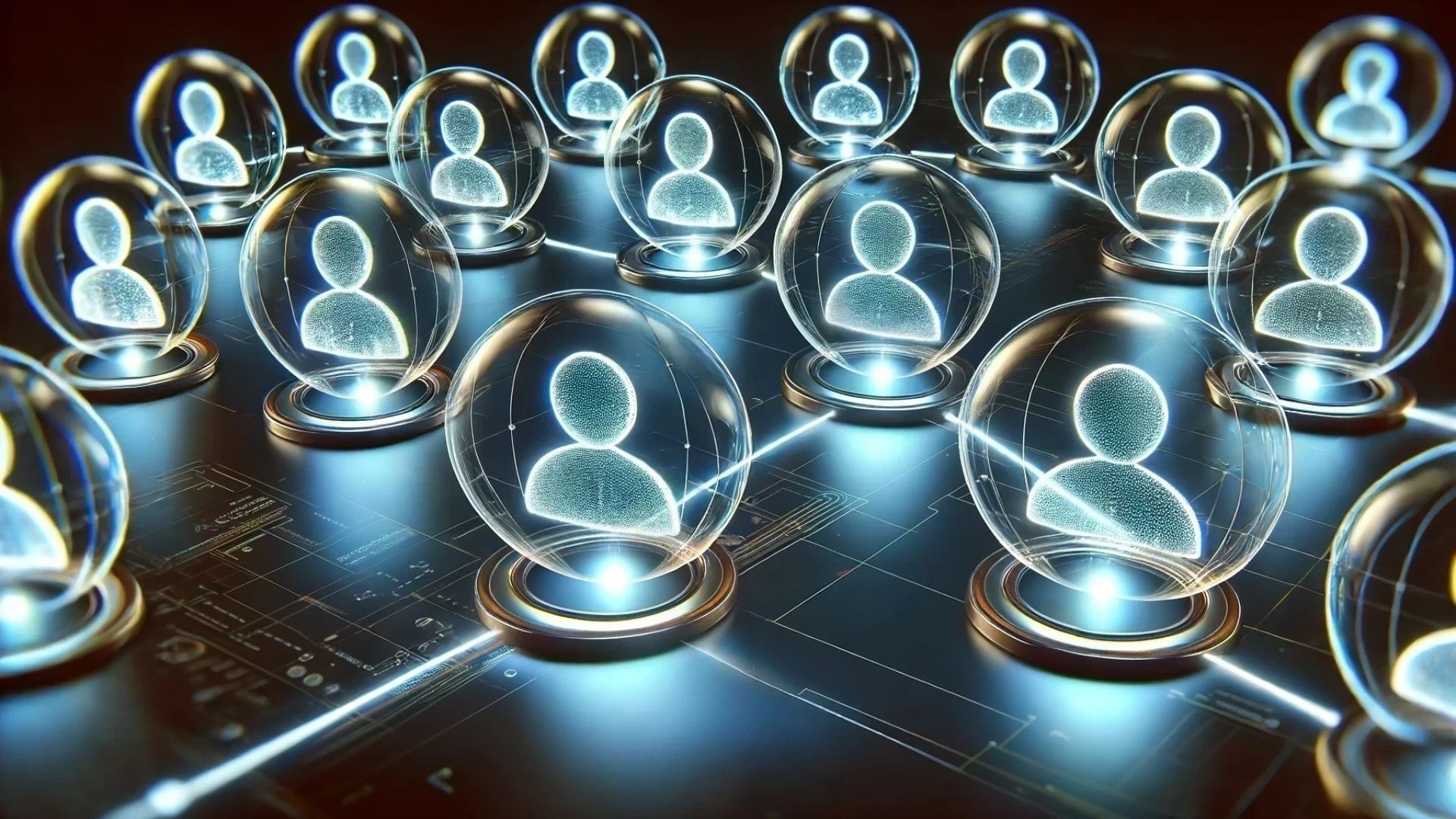 Glowing digital user icons in glass spheres connected by network lines on a dark interface