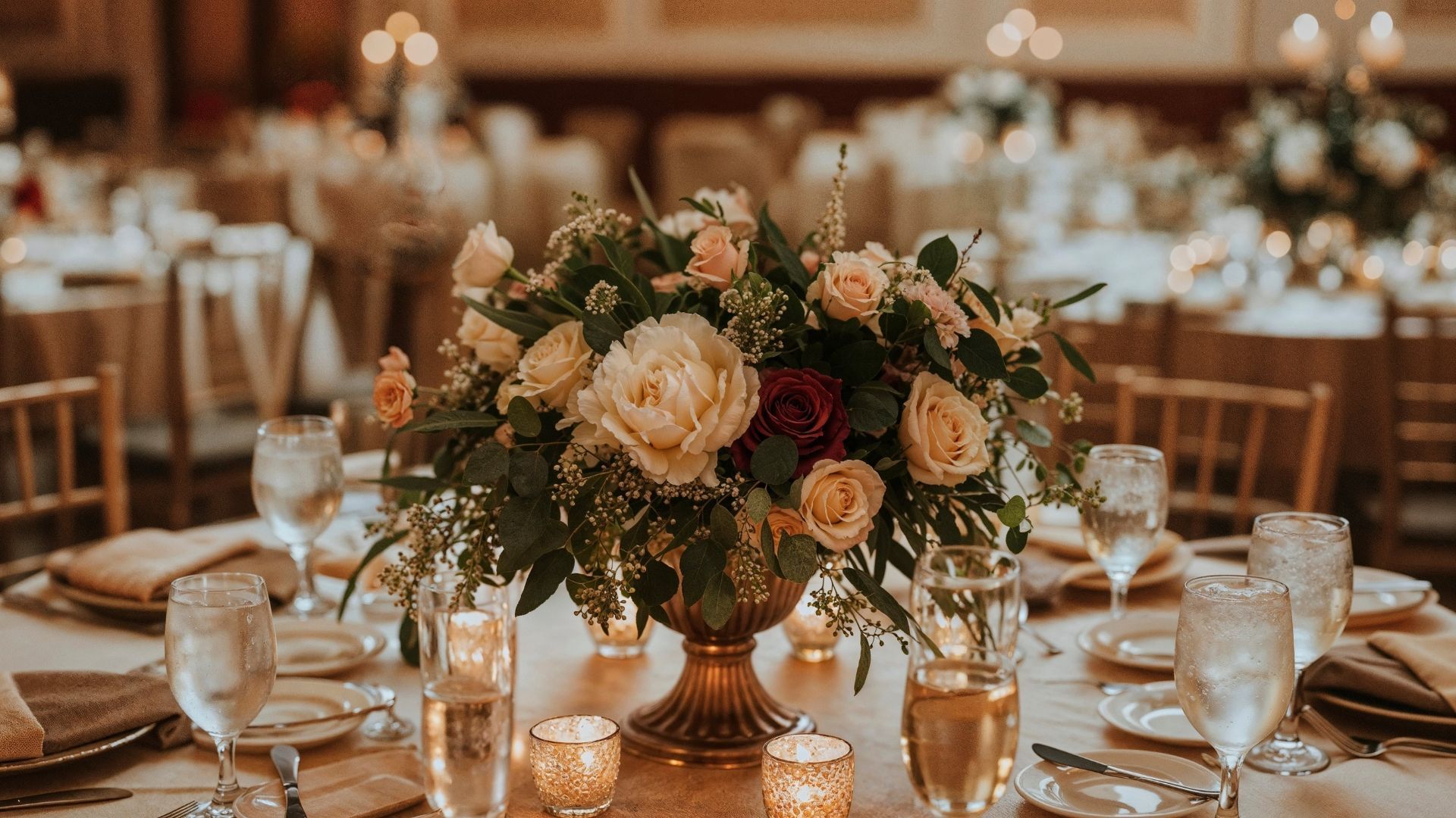 Elegant banquet table with peach and white floral centerpiece, glassware, and gold chairs in a softly lit reception hall