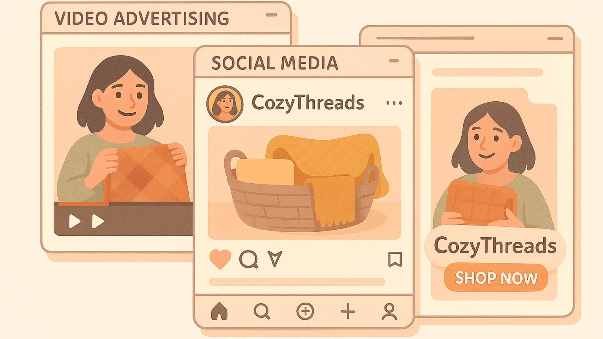 Social media video ad for CozyThreads showing a woman model in warm beige tones and a “Shop now” post.