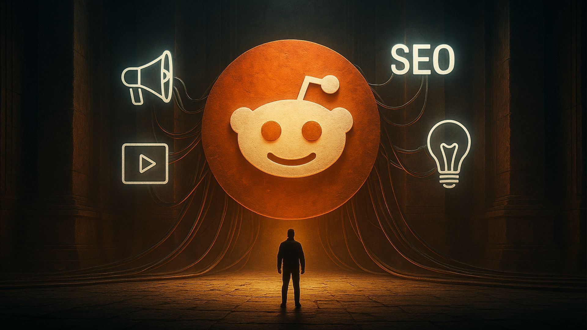 Red Reddit logo glowing in dark tunnel, with SEO text and icons around a small silhouetted figure