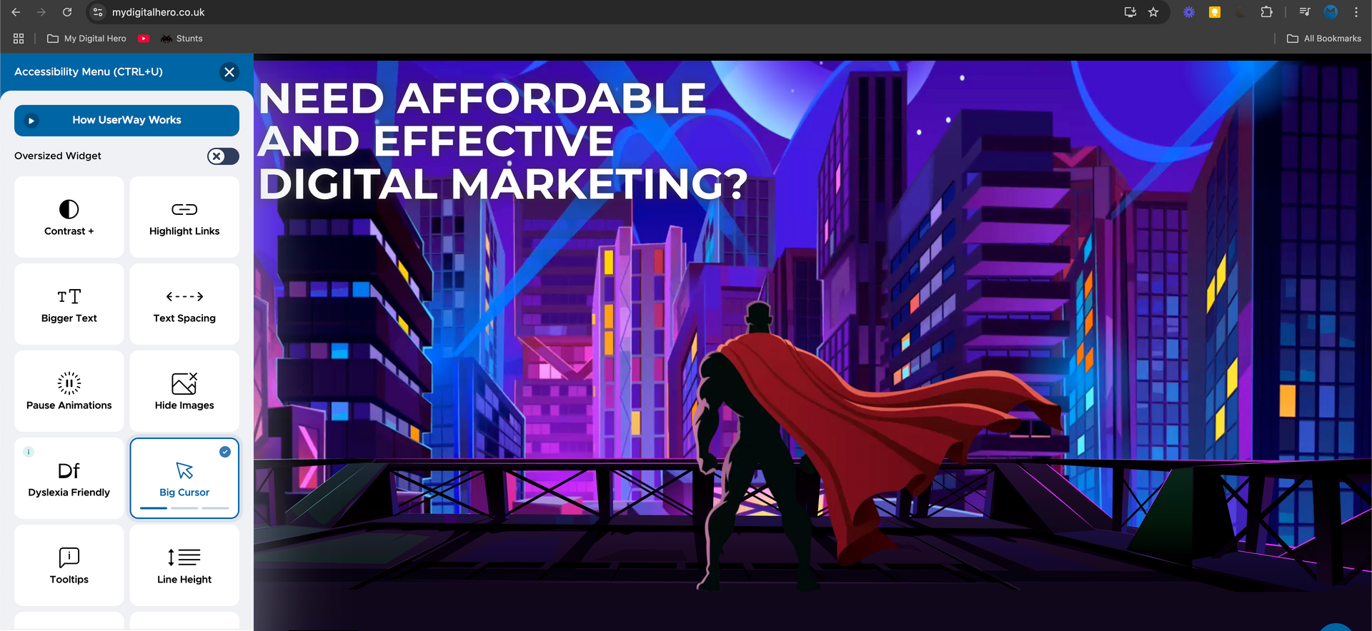 Purple neon website hero banner reading “Need Affordable and Effective Digital Marketing?” with a caped figure, laptop, and cityscape