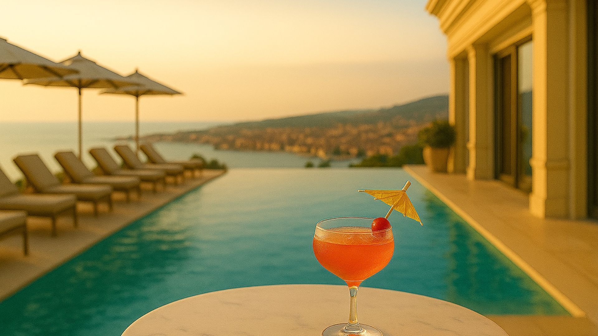 Infinity pool at sunset with lounge chairs and a cocktail overlooking a coastal city.