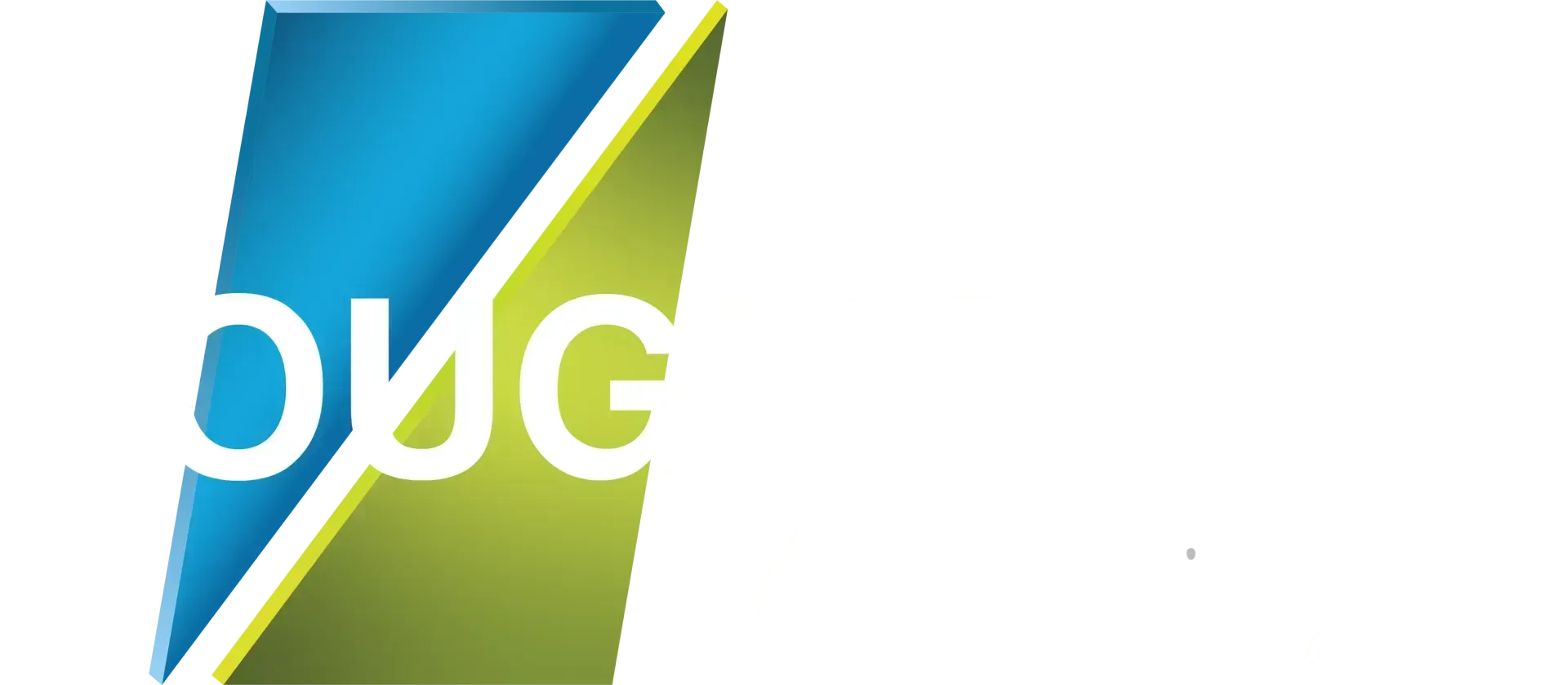 Blue, white, and green abstract logo with stylized letters on a white background