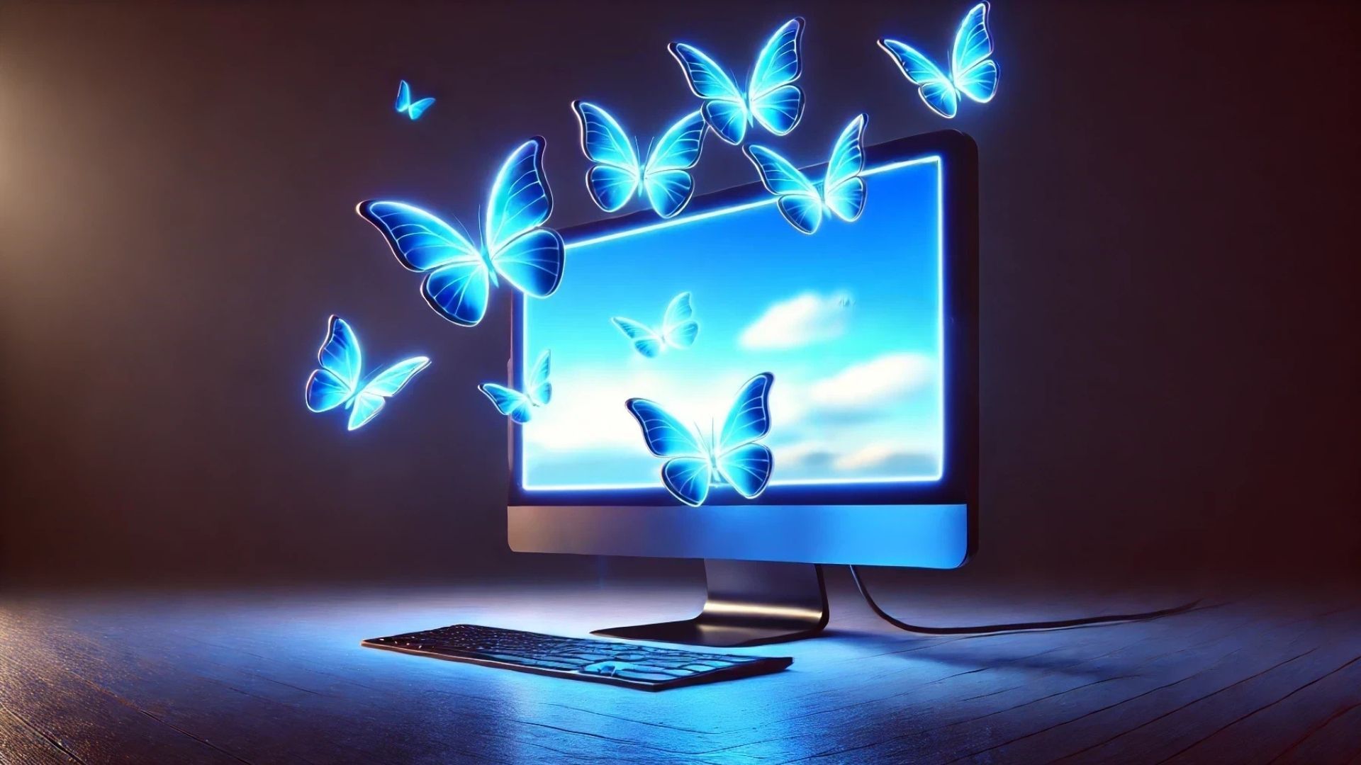 Blue butterflies flying around a glowing computer monitor on a desk