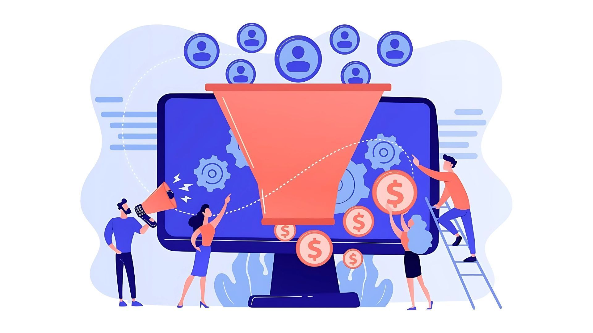 People around a computer with a large funnel, gears, and money icons, showing online marketing or sales conversion.