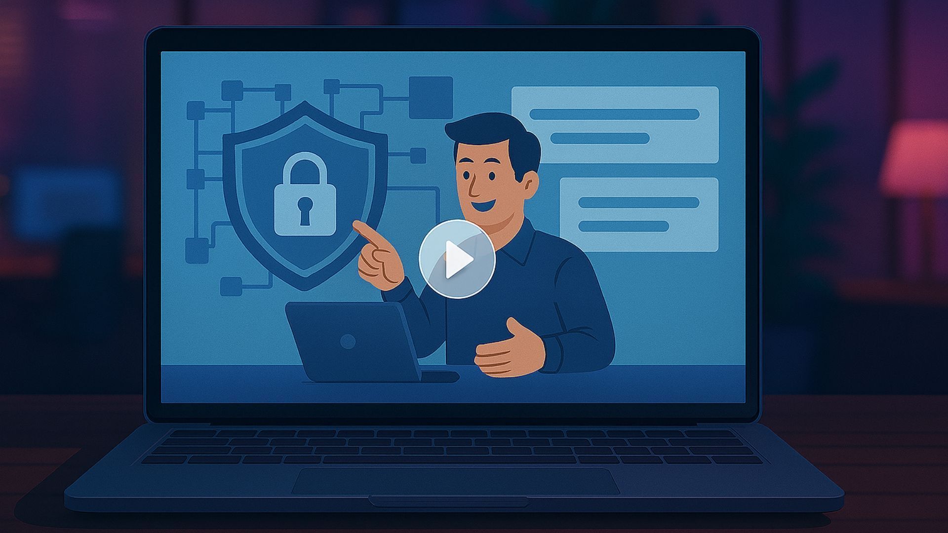 Person on laptop screen presenting cybersecurity content with lock icon and dashboard graphics