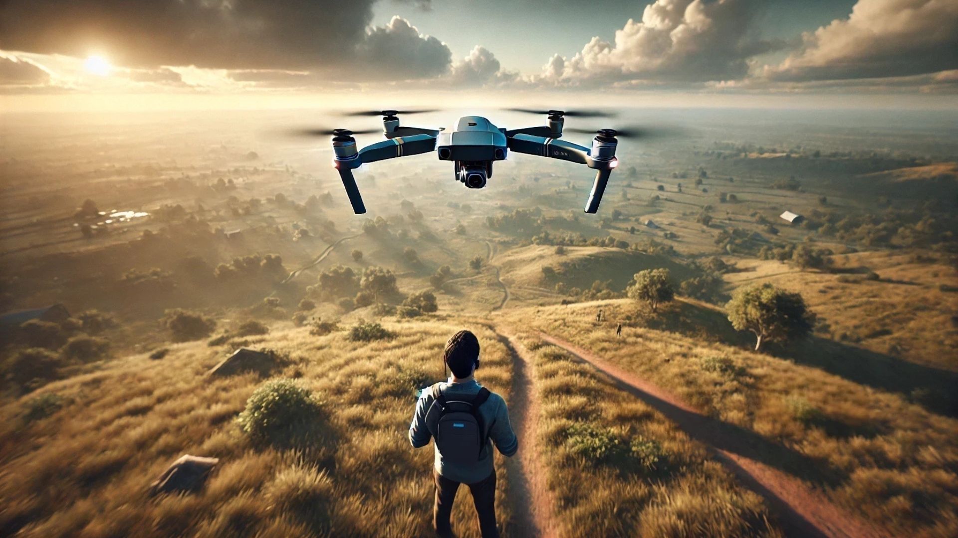 Person stands on a hillside facing a hovering drone over a golden sunrise landscape.