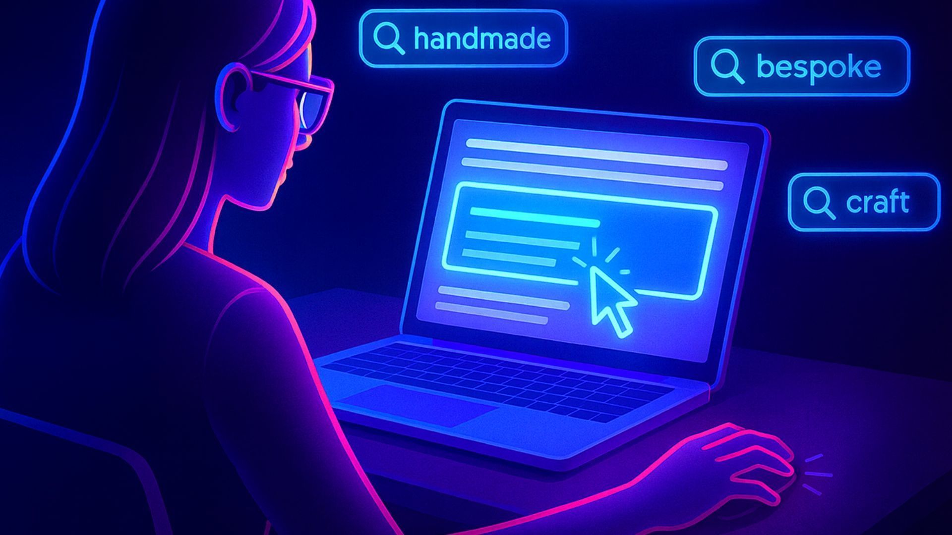 Neon illustration of a person using a laptop, with search bubbles for “handmade,” “bespoke,” and “craft.”