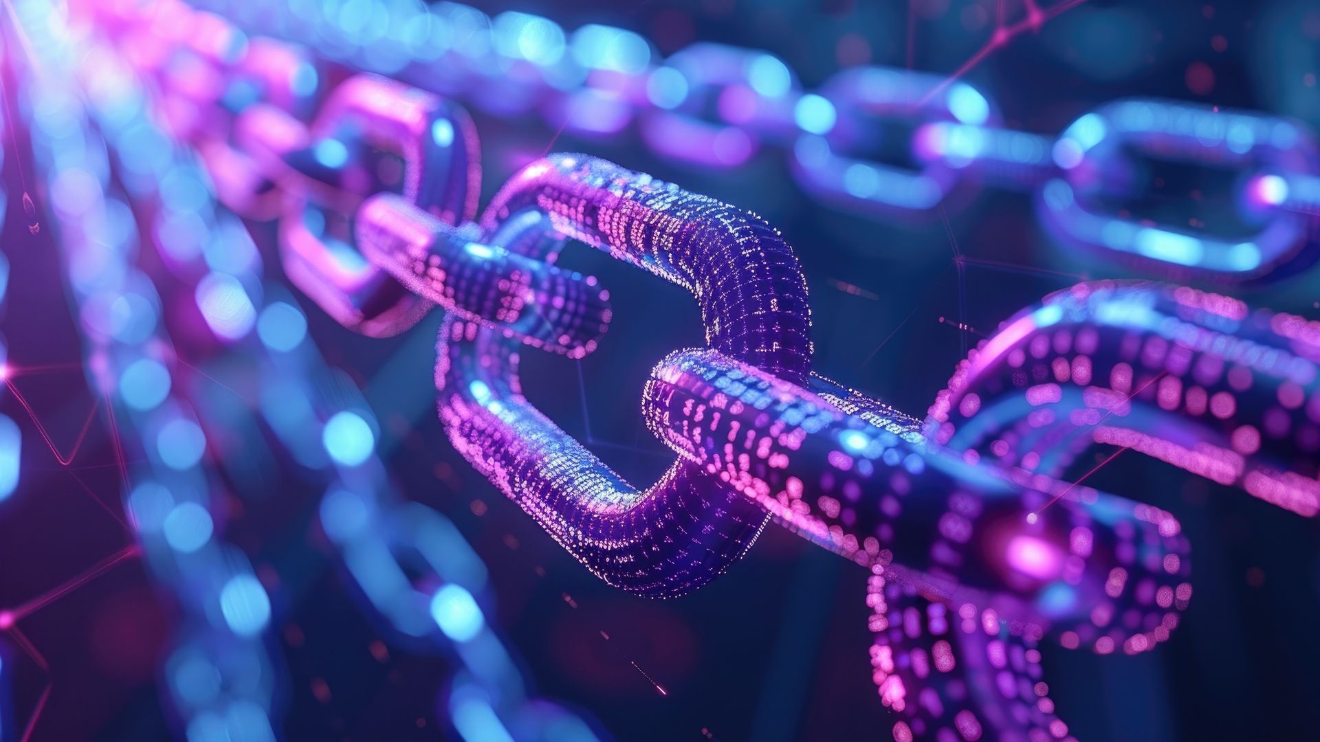 Glowing purple and blue digital chain links connected in a futuristic tech background
