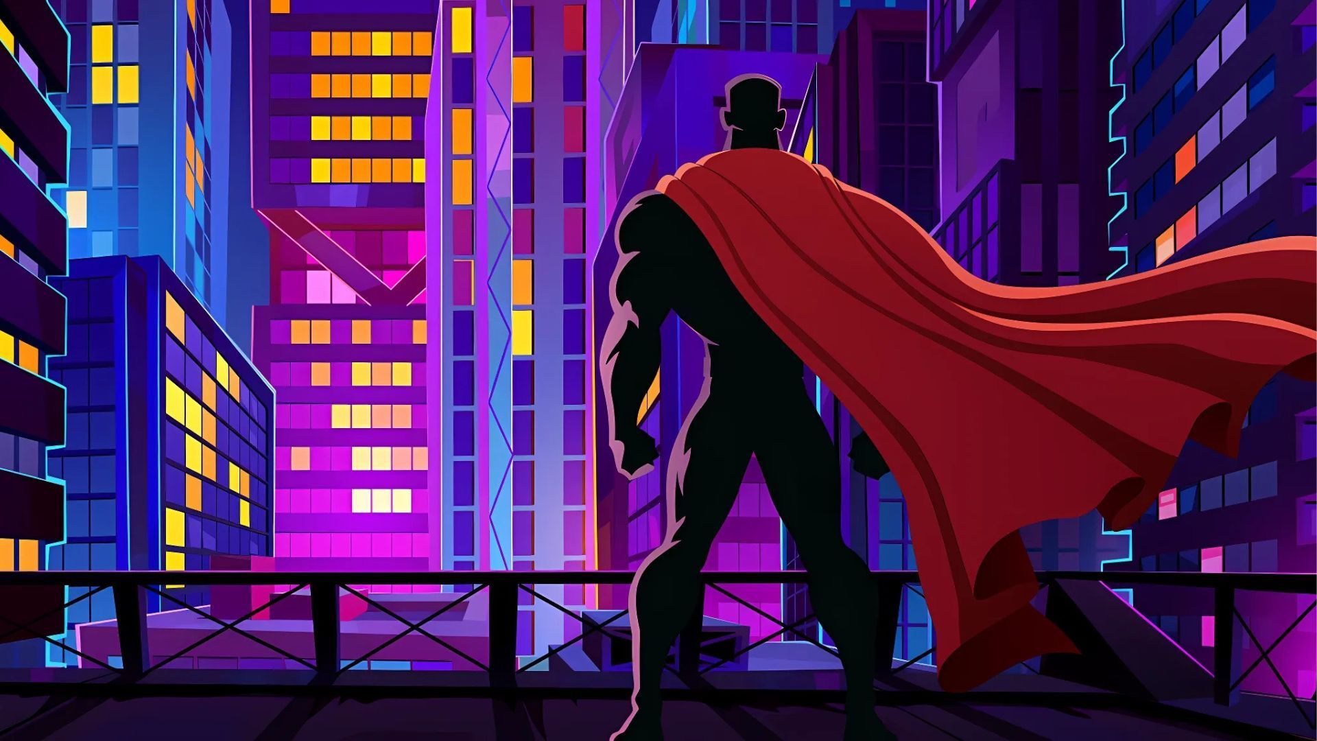Caped superhero silhouetted on a rooftop, overlooking a neon-lit city at night