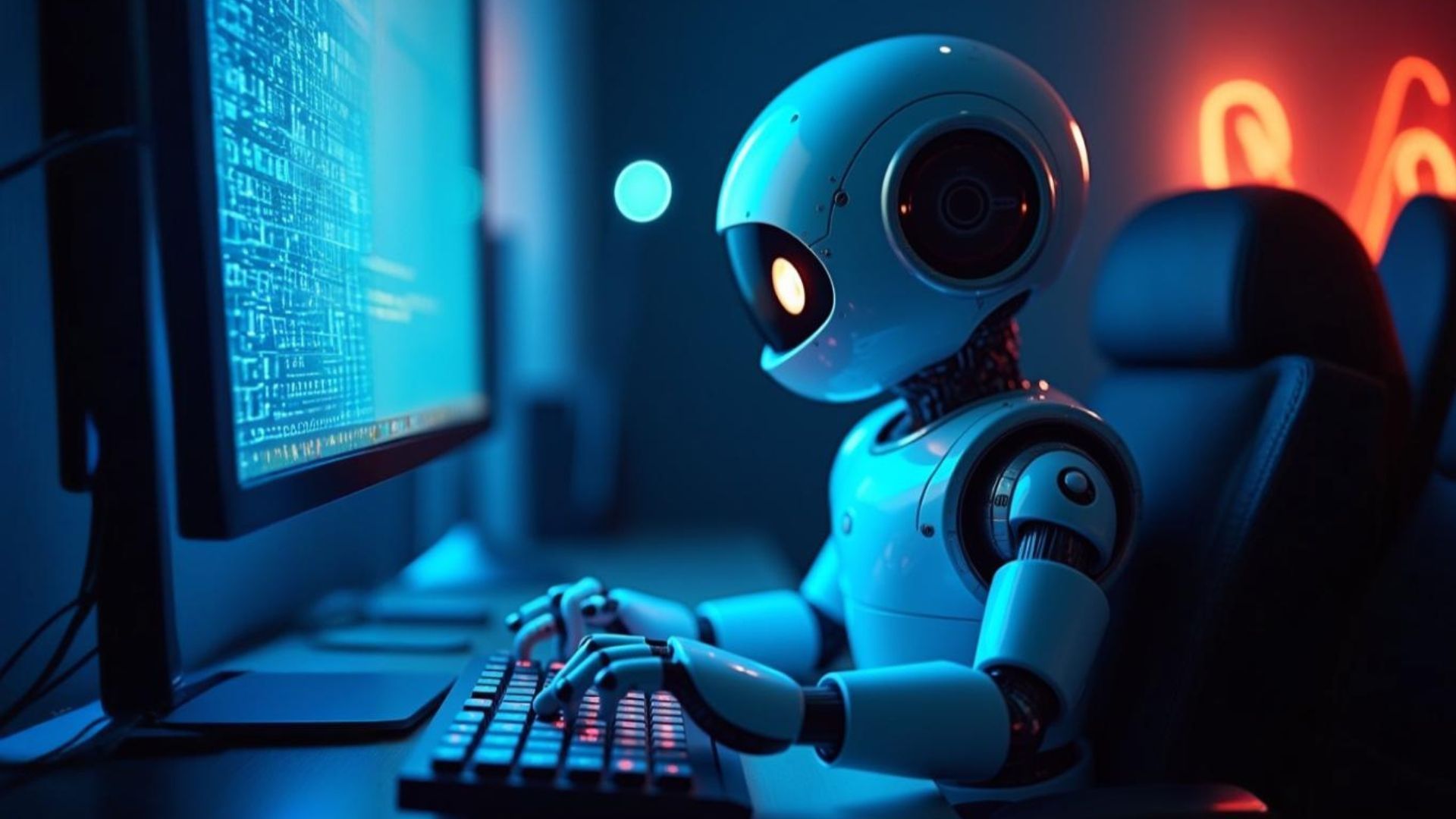 Small robot typing at a computer in a blue-lit room, with code on the monitor and neon lights behind it