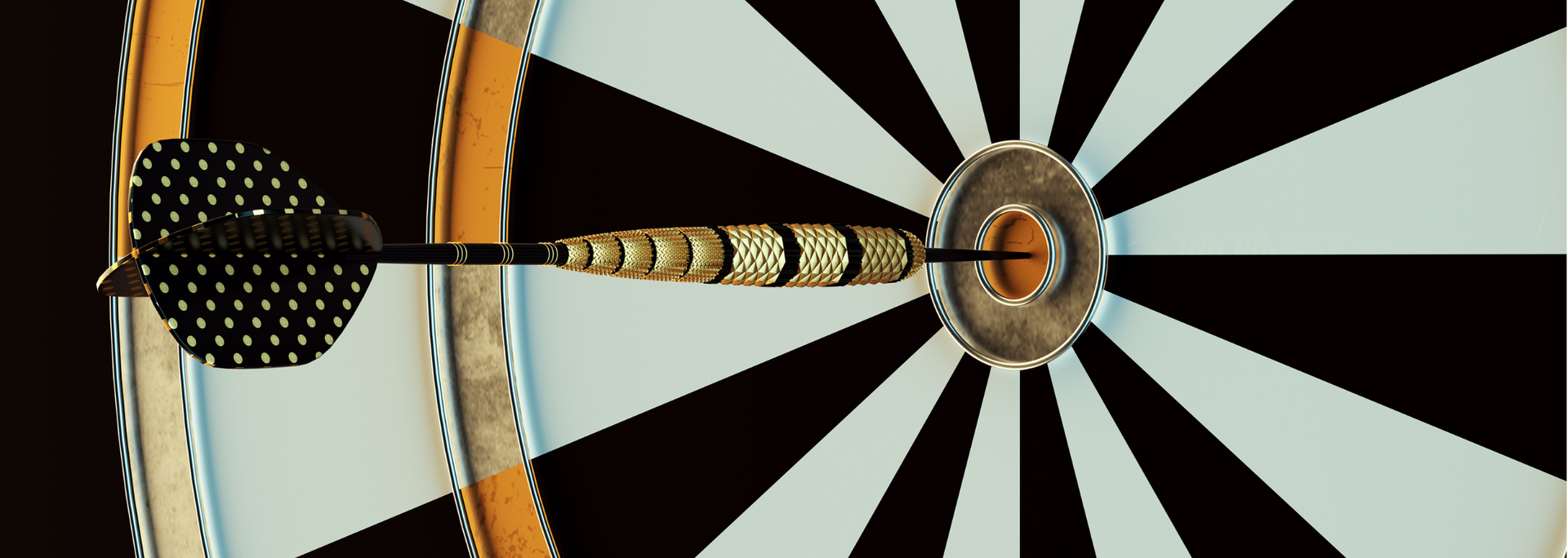 Billiards cue striking a black-and-white target on a dartboard-style design