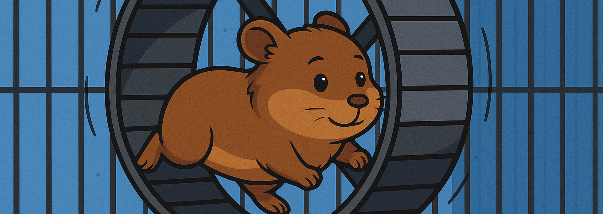 Brown hamster running on a wheel inside a blue cage