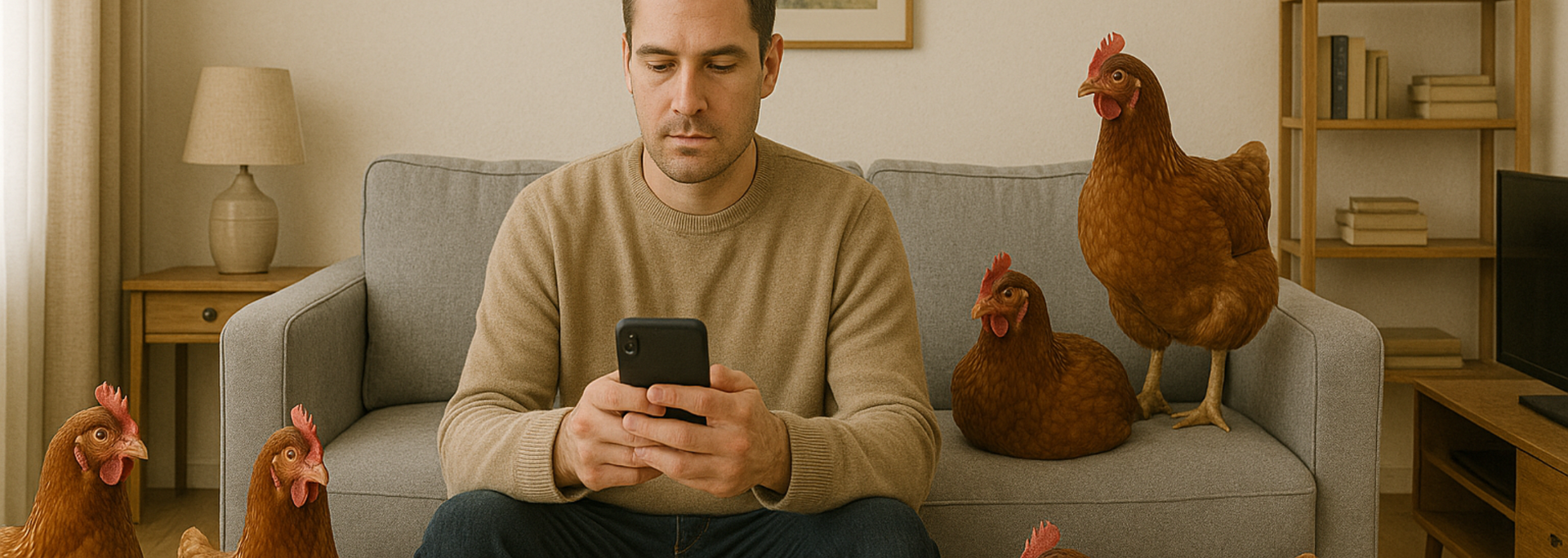 Man sitting on a gray couch using a phone, with chickens around him in a living room.