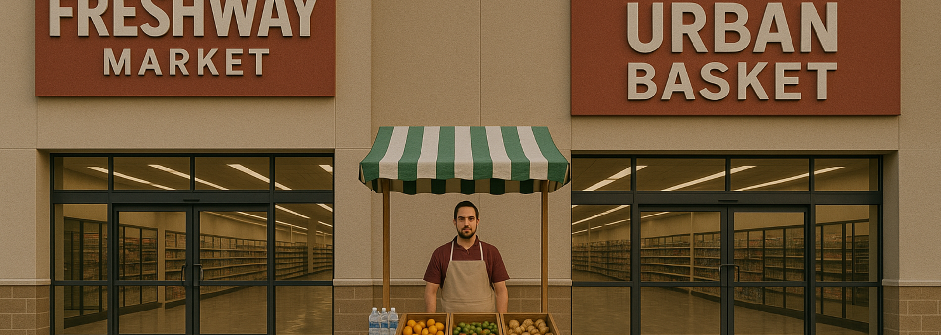 Freshway Market and Urban Basket storefronts with a striped awning and a person standing outside