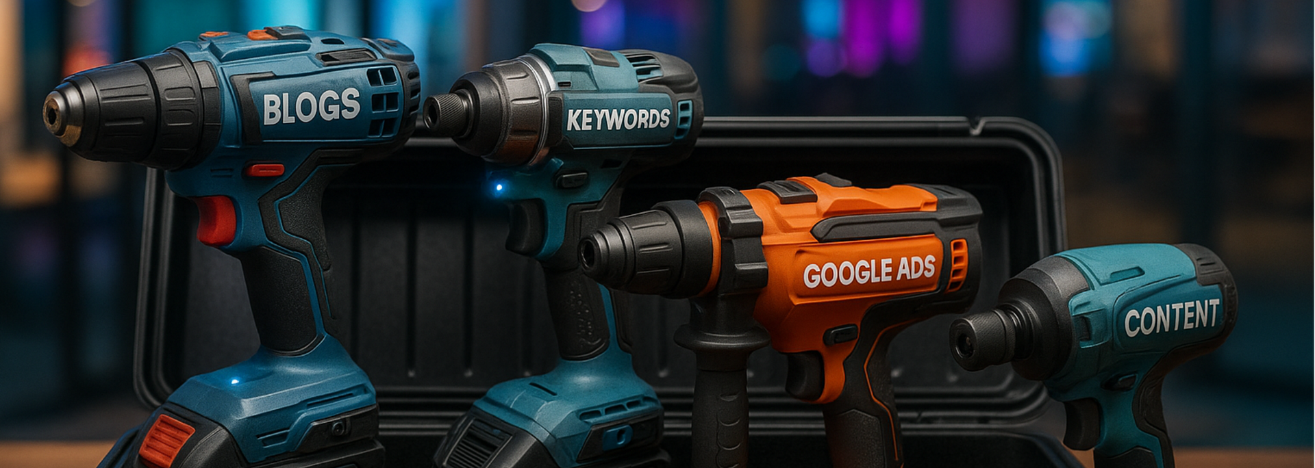 Stacked futuristic blasters in blue, orange, and teal, arranged in a dark industrial setting