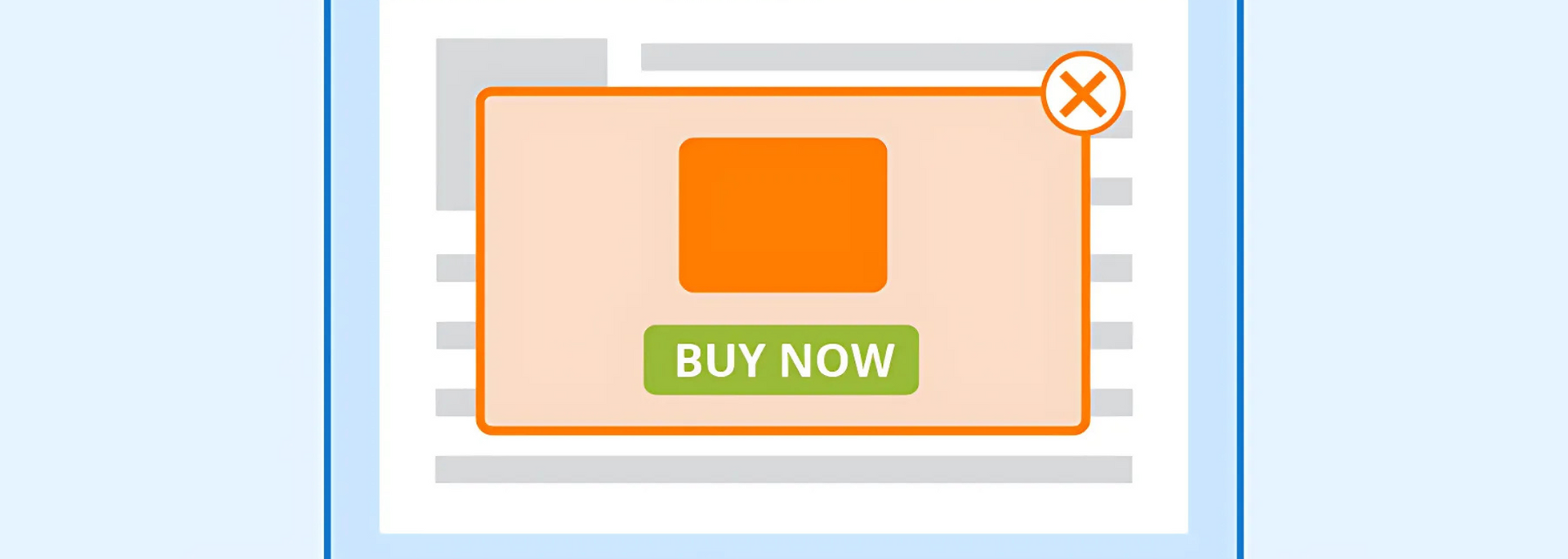 Orange-and-white popup ad with a “BUY NOW” button and a close icon in the corner