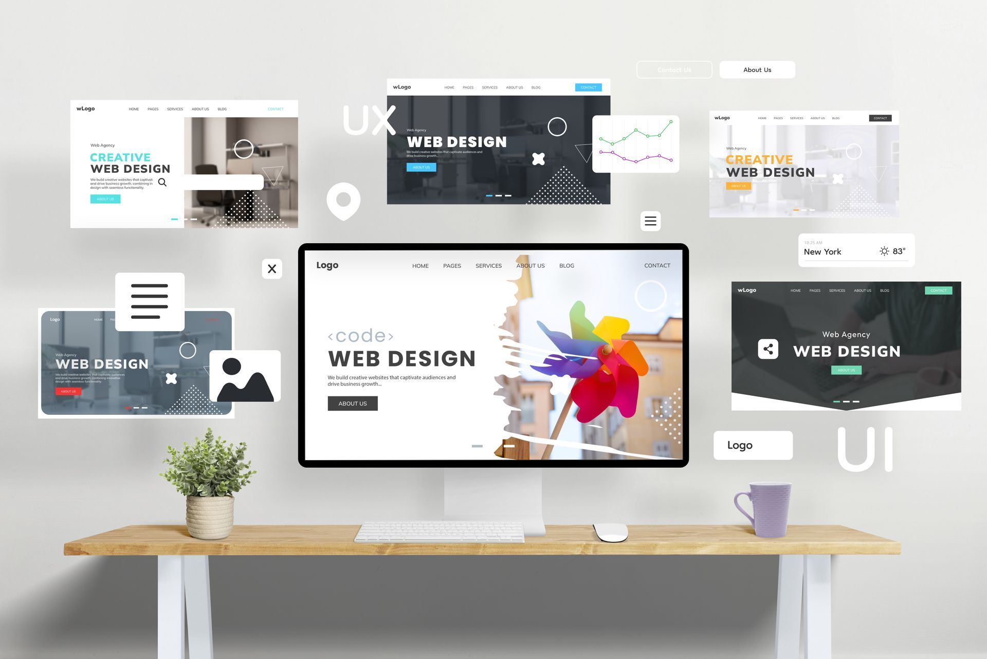 Modern desk with computer showing web design mockups and floating UI website layouts