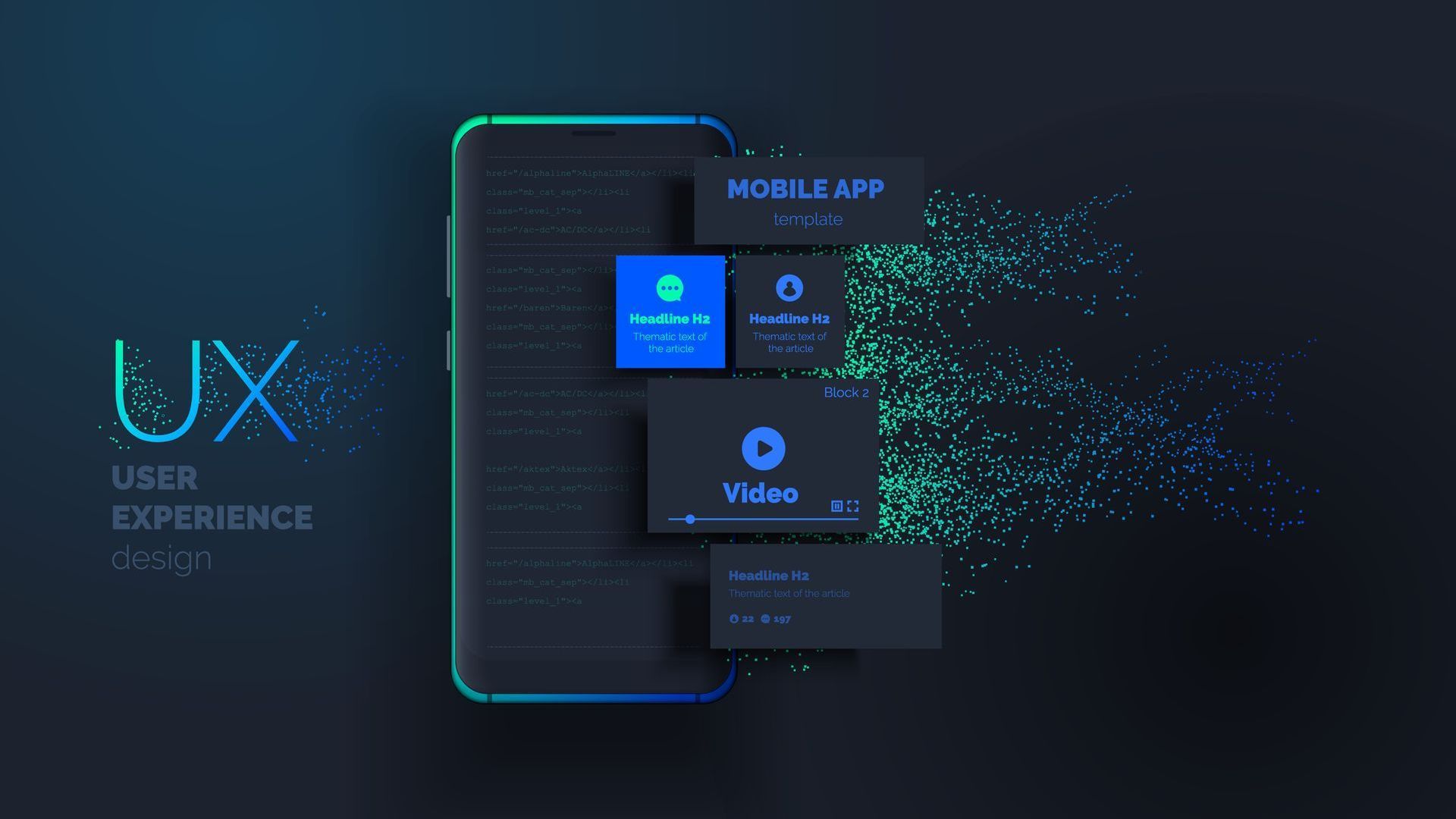 Dark UX landing page mockup with glowing phone screen and blue interface cards on a black background