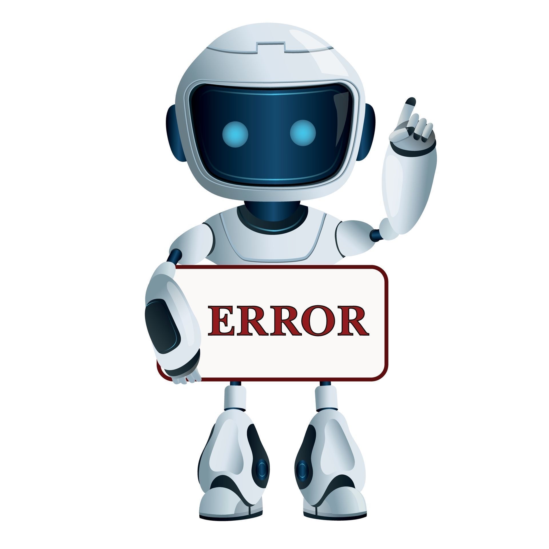 Cartoon robot holding an ERROR sign and pointing upward on a white background