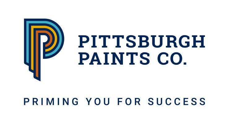 Logo for Pittsburgh Paints Co. featuring a stylized letter "P" in blue, gold, and bronze with the slogan "Priming You For Success."