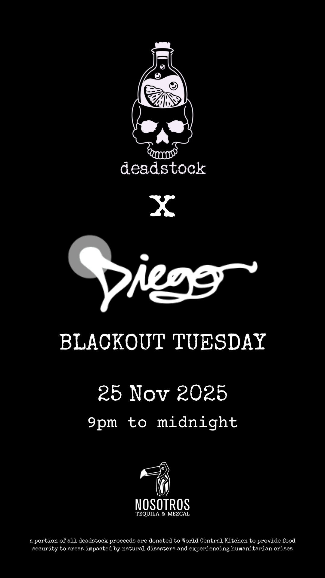 Poster for Blackout Tuesday event at Diego, November 28, 2023, 9pm-midnight. Features logos.