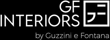 Logo GF Interiors in bianco su sfondo nero, con icona stilizzata “GF” e testo “by Guzzini e Fontana”.