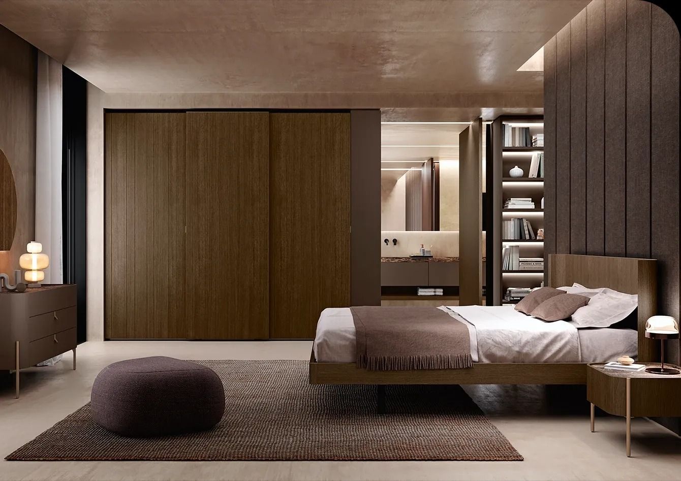 Camera da letto moderna con pareti rivestite in legno, un grande letto, un tappeto e una delicata illuminazione ambientale.