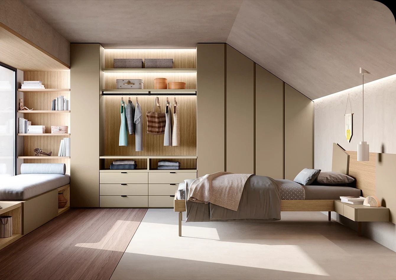 Camera da letto moderna color beige con armadi a muro, mensole, scrivania e un letto ben rifatto sotto un soffitto inclinato.