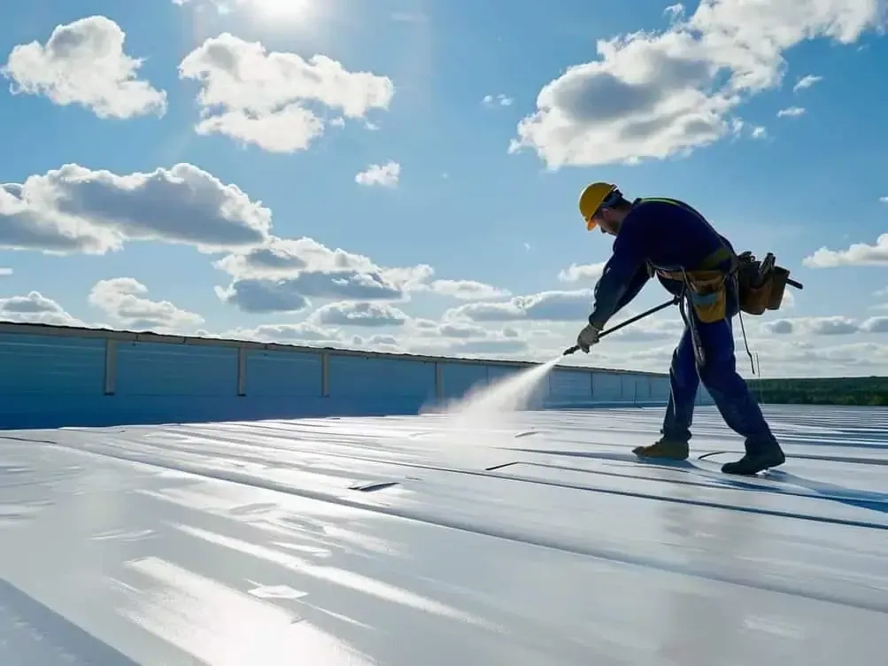 Person in safety gear spraying a white roof under a sunny, cloudy sky.
