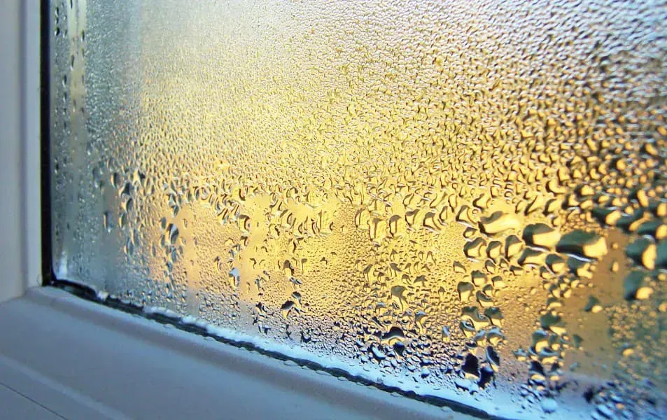 Close-up of a window with condensation, blurred yellow and orange light visible outside.