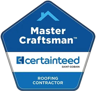 Blue, pentagon-shaped CertainTeed Master Craftsman Roofing Contractor logo with a house icon.