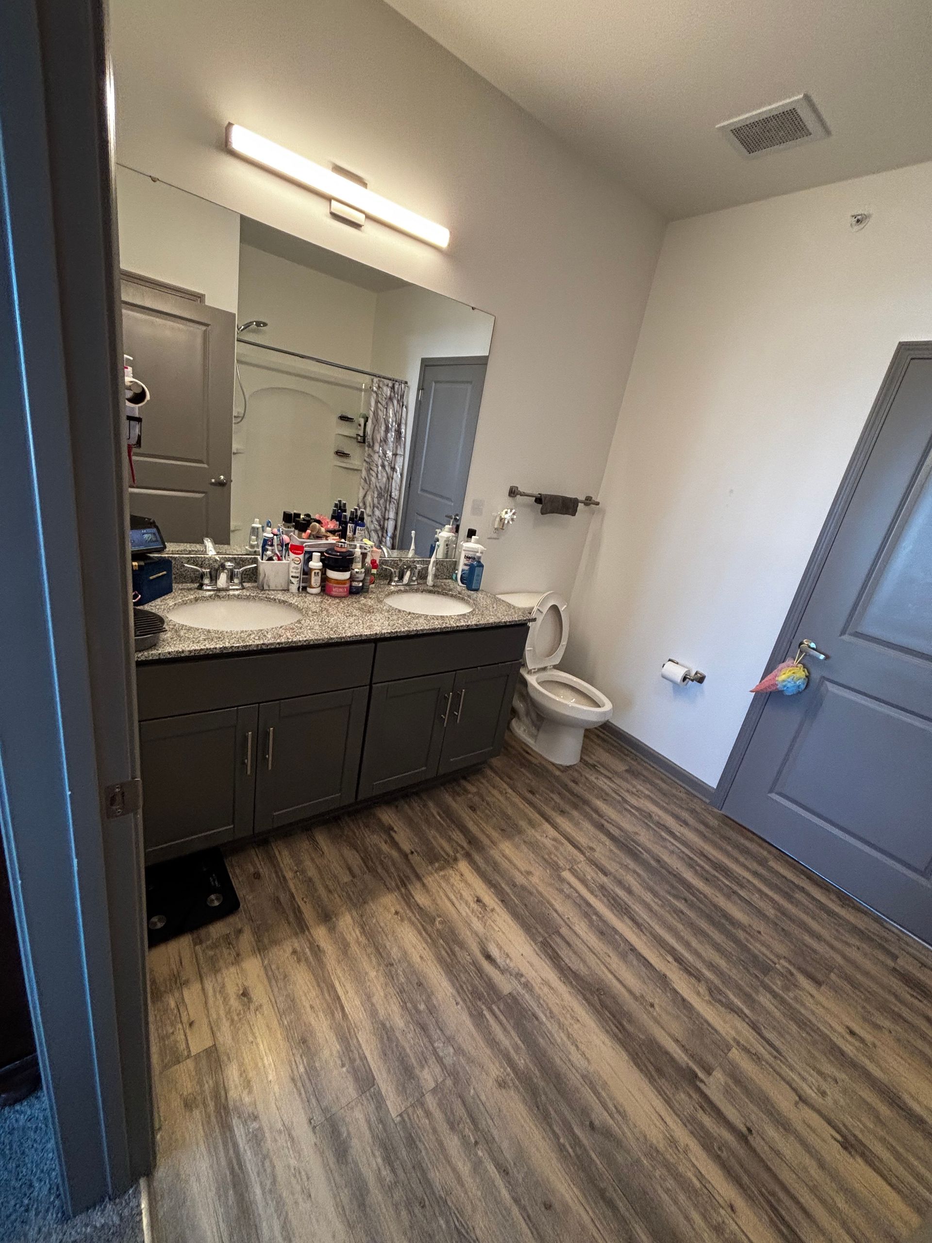 A bathroom with two sinks , a toilet , and a mirror.