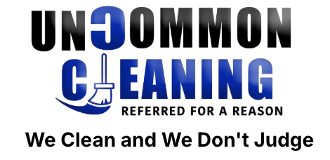 The logo for uncommon cleaning is blue and black and says `` we clean and we don 't judge ''.