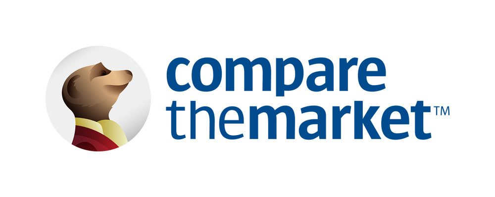 Compare the Market logo: Meerkat looking upward, next to blue text.
