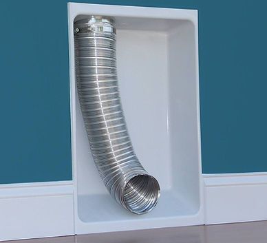 A stainless steel hose is sticking out of a white box.