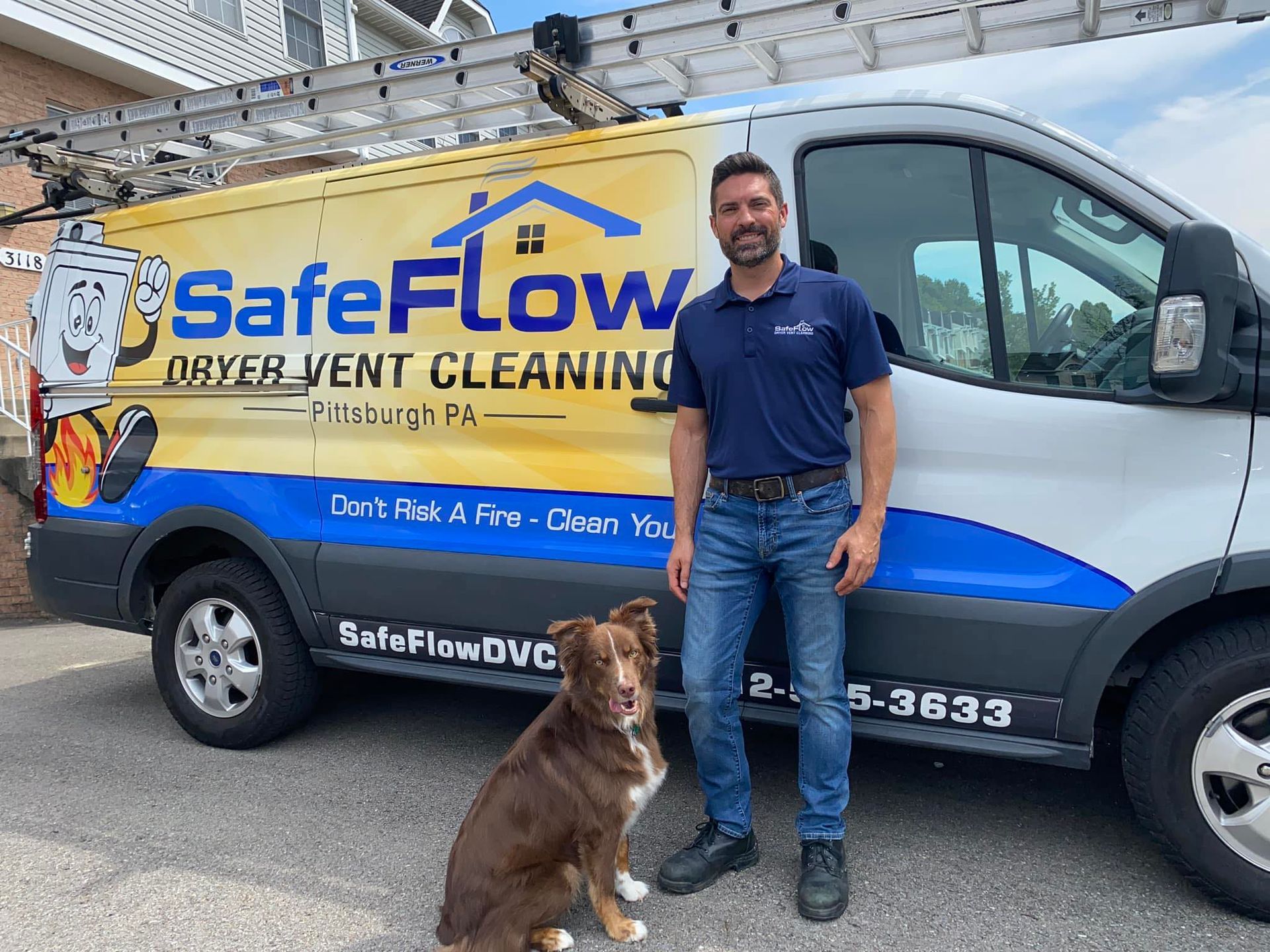 A man and a dog are standing in front of a safe flow dryer vent cleaning van.