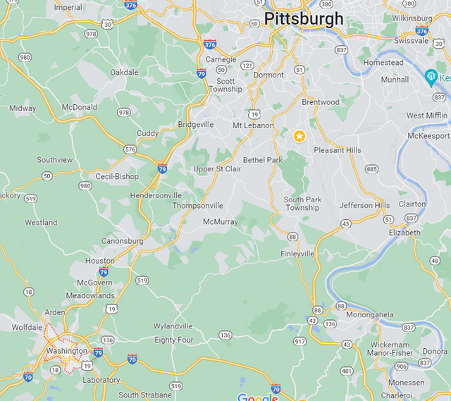 A map of pittsburgh is shown on a google map.