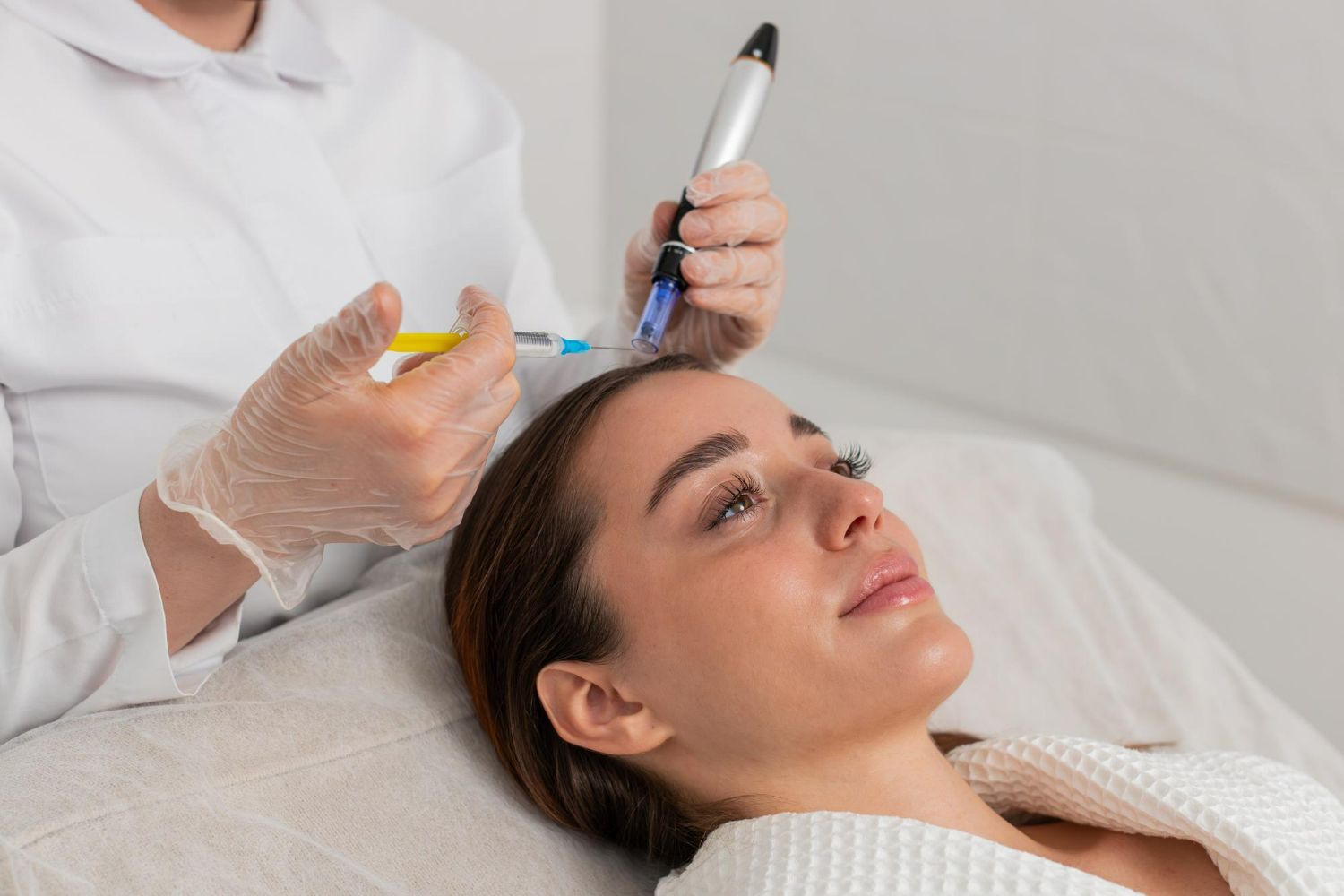 A practitioner in a lab coat performing a cosmetic skin treatment on a patient lying on a medical table.
