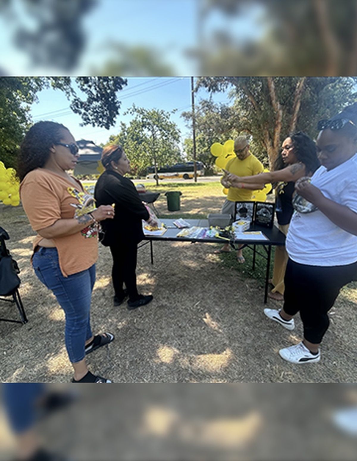 A group of people are standing around a table in a park.