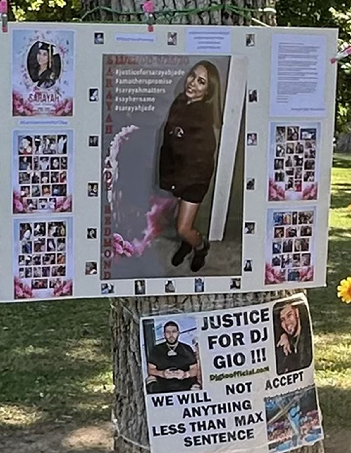 A sign that says justice for dj gio on it