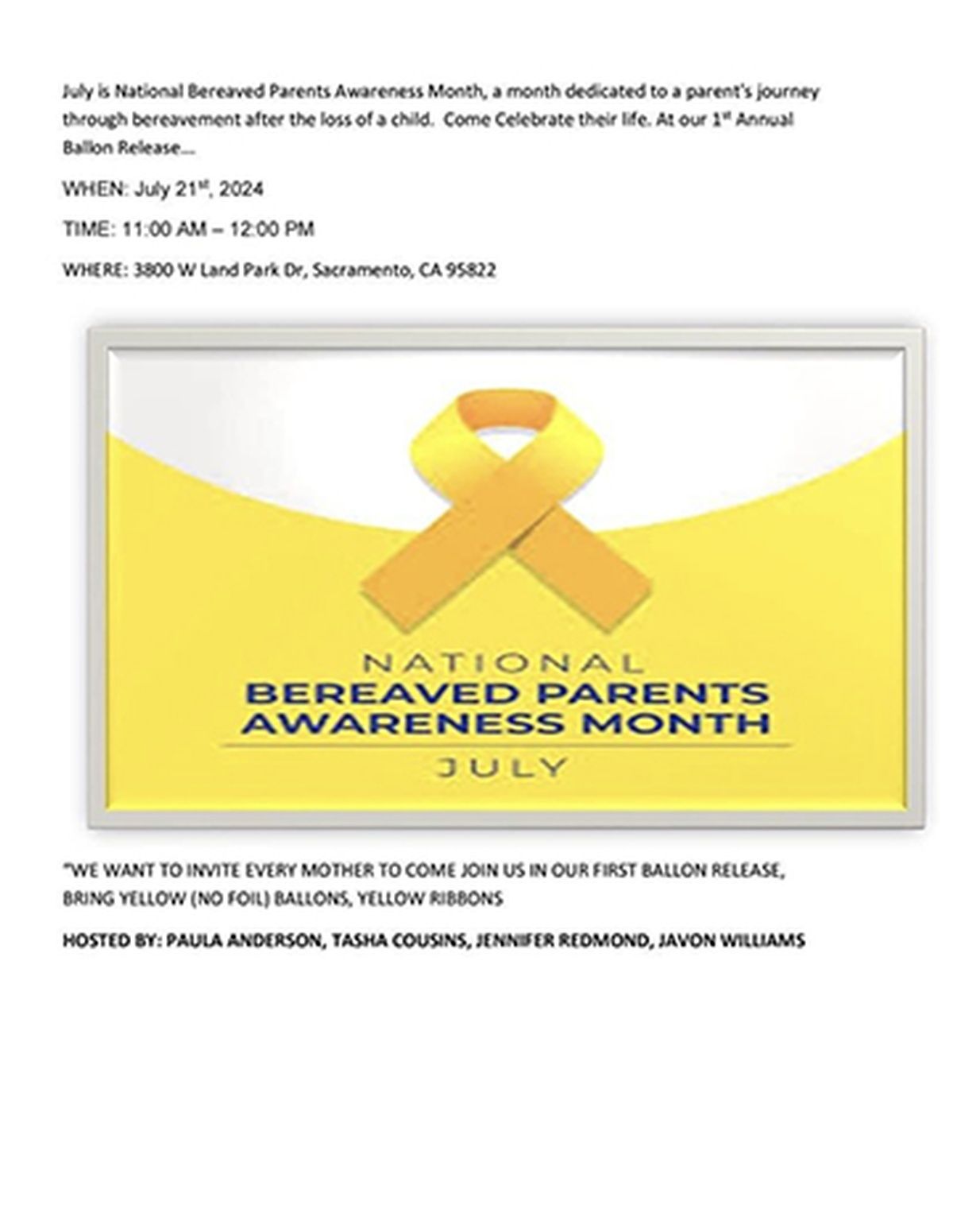 A poster for national bereaved parents awareness month in july