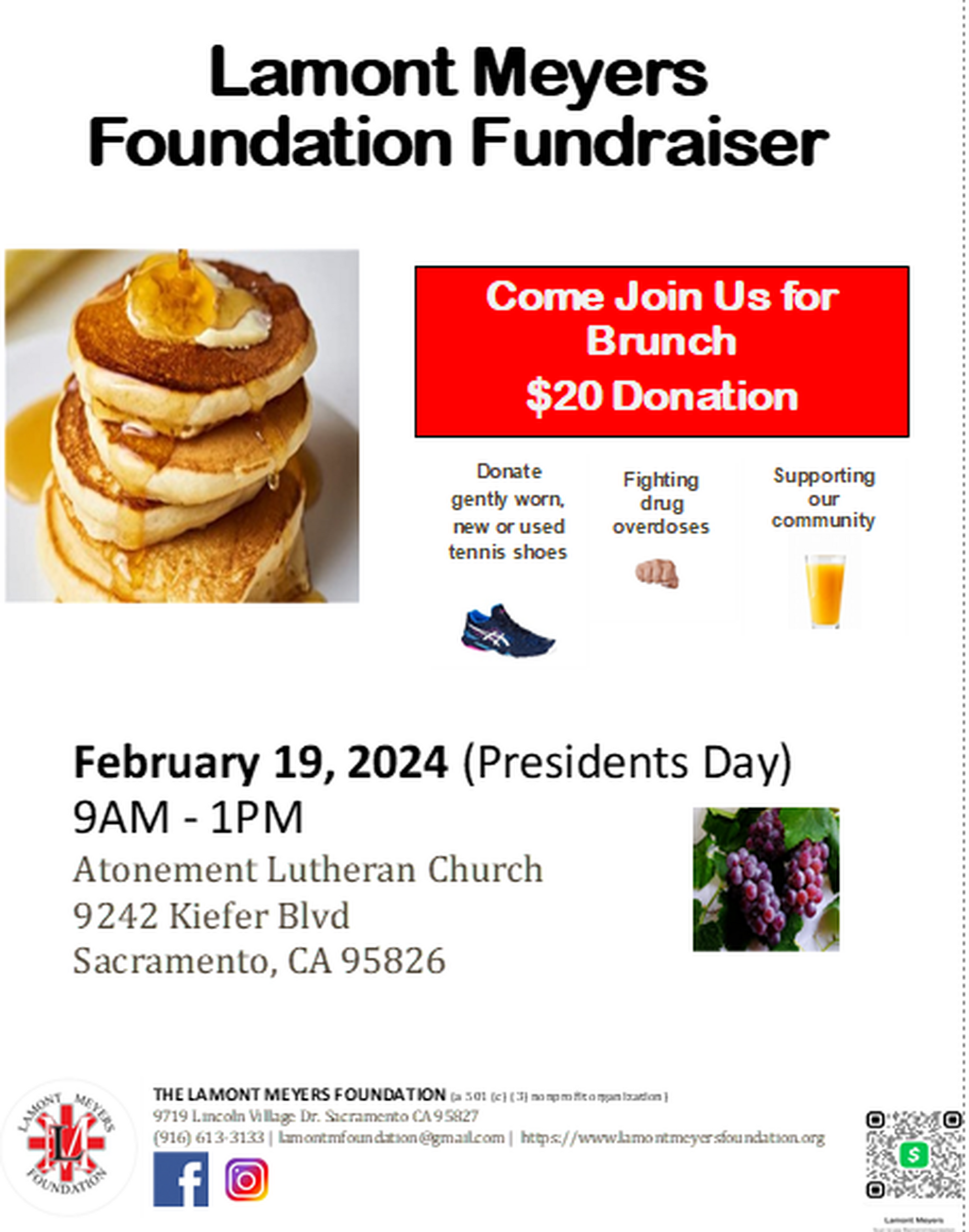 Flyer for Lamont Meyers Foundation Fundraiser. Brunch, $20 donation, Feb 19, 2024, 9 AM - 1 PM. 